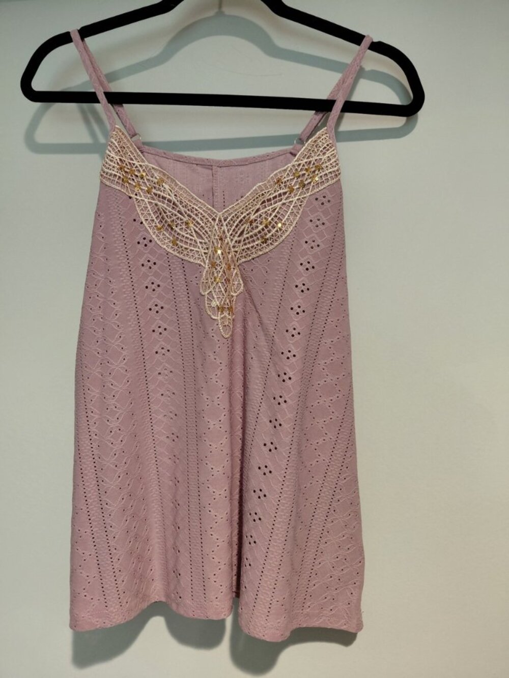 Women’s Small Dusty Pink Eyelet Cami Tank Top Crochet Sequin Boho Adjustable Str